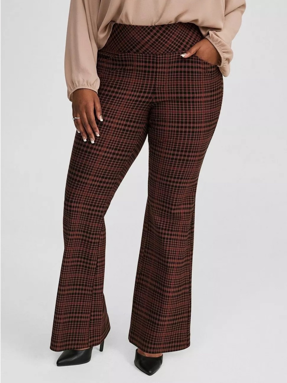 Torrid Studio Luxe Ponte Pixie Flare Plaid Pull On Pants Plus Size 1X NWT Brown